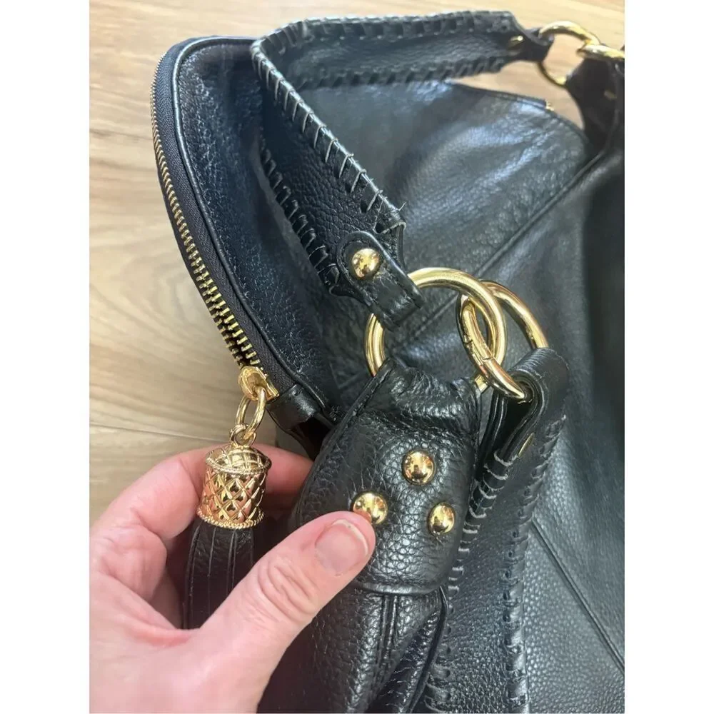 Black Leather‎ Hobo Shoulder Bag with Tassel, Braided Strap Detail